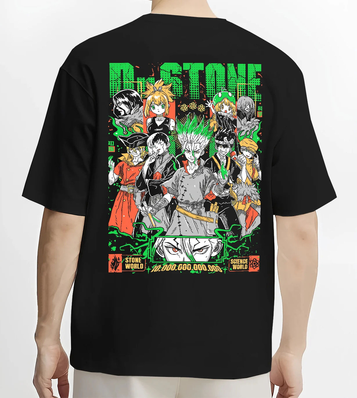 Black T-shirt model back view showing Dr Stone: multi-character science poster