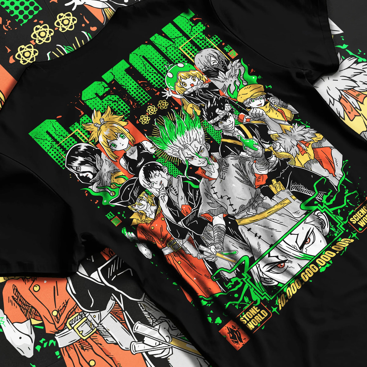 Black T-shirt flat back view showing Dr Stone: multi-character science poster
