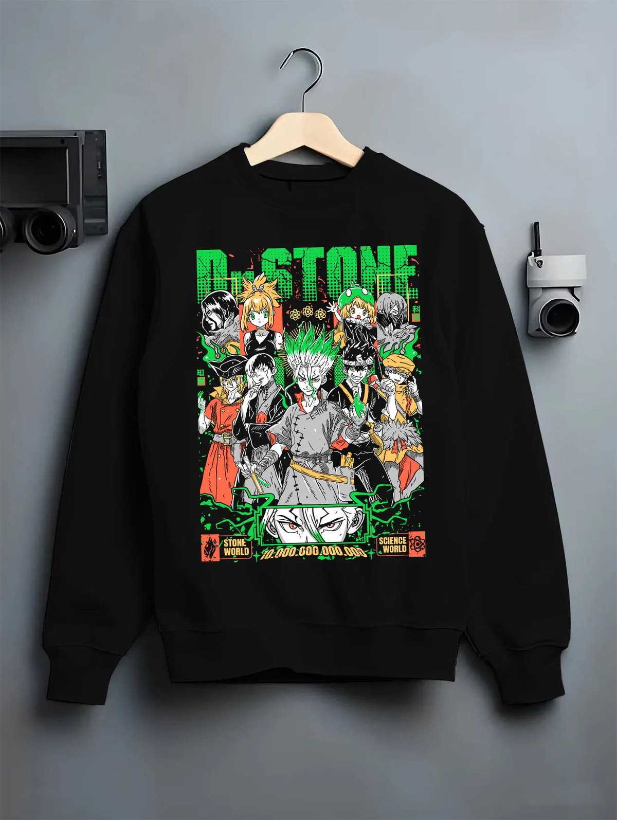 Black crewneck sweatshirt on hanger showing Dr Stone: multi-character science poster