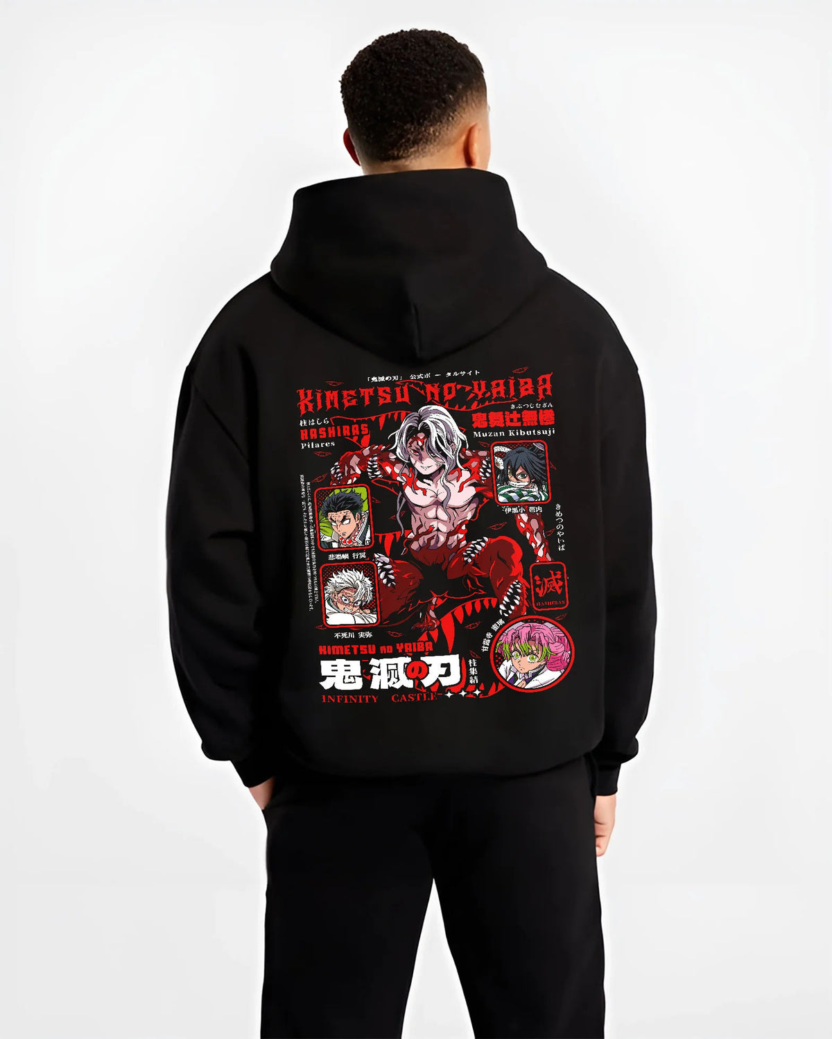 Black hoodie model back view showing Demon Slayer: Infinity Castle ensemble