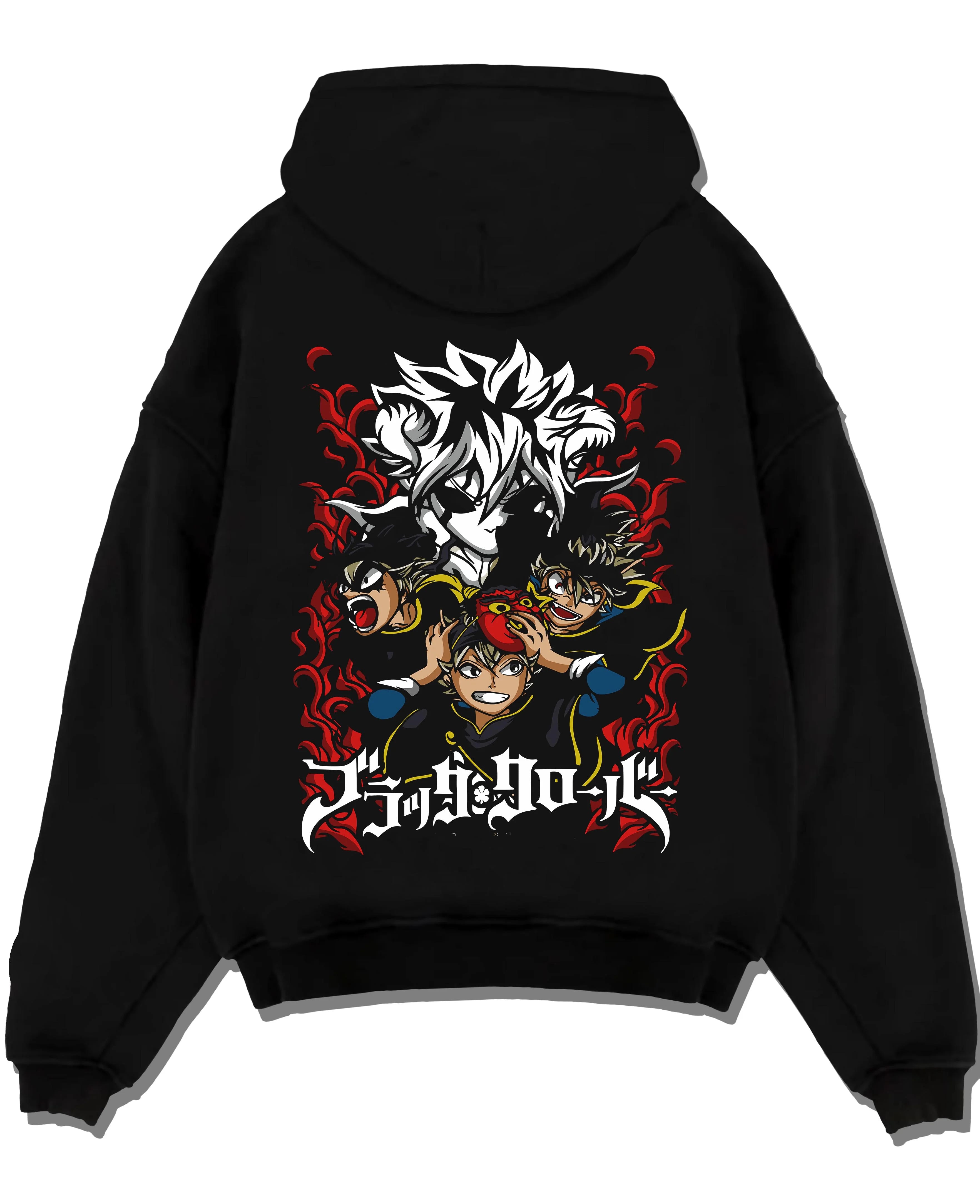 Black pullover hoodie laid flat with Asta Hoodie Black Clover Trio Retro Anime Poster graphic streetwear graphic.