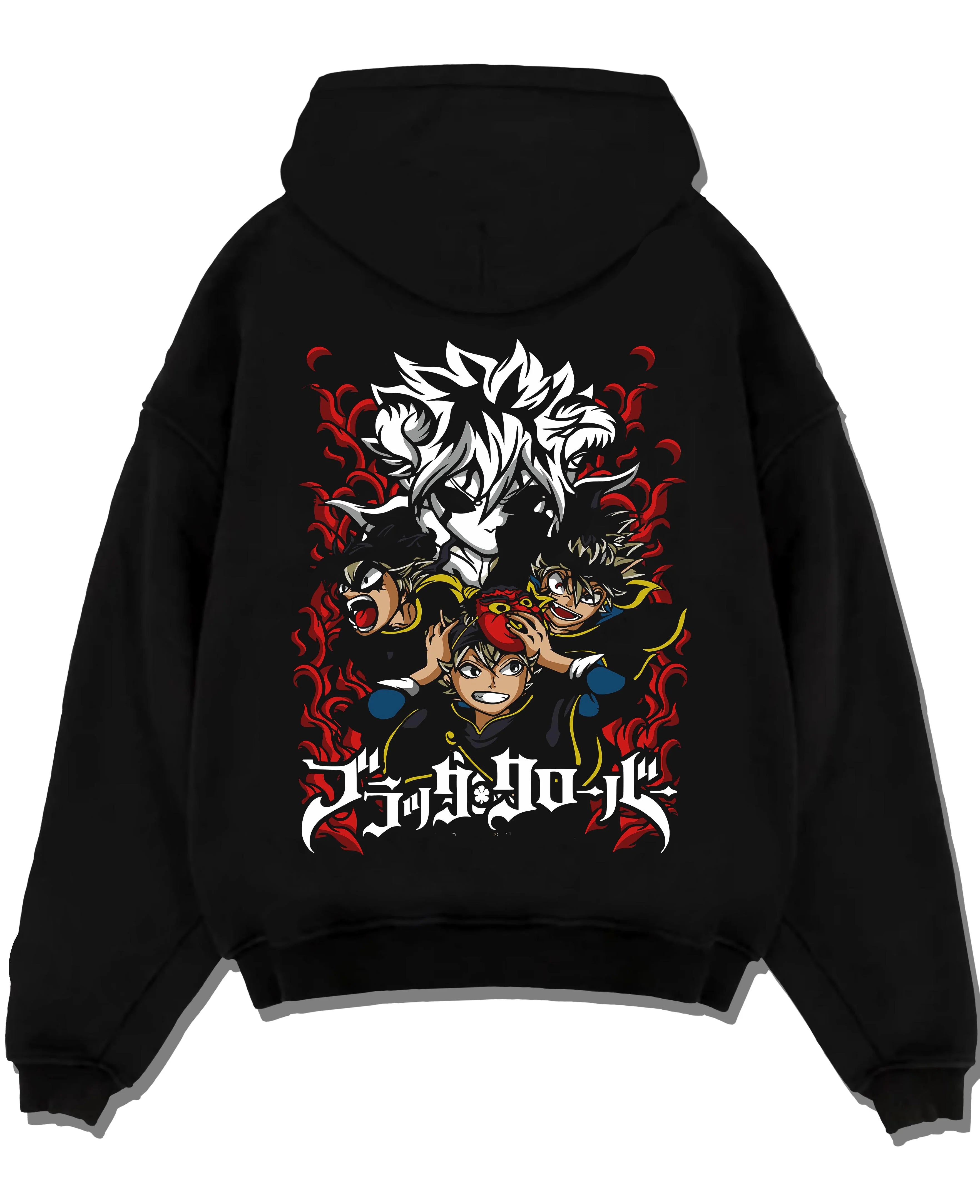 Black pullover hoodie laid flat with Asta Hoodie Black Clover Trio Retro Anime Poster graphic streetwear graphic.