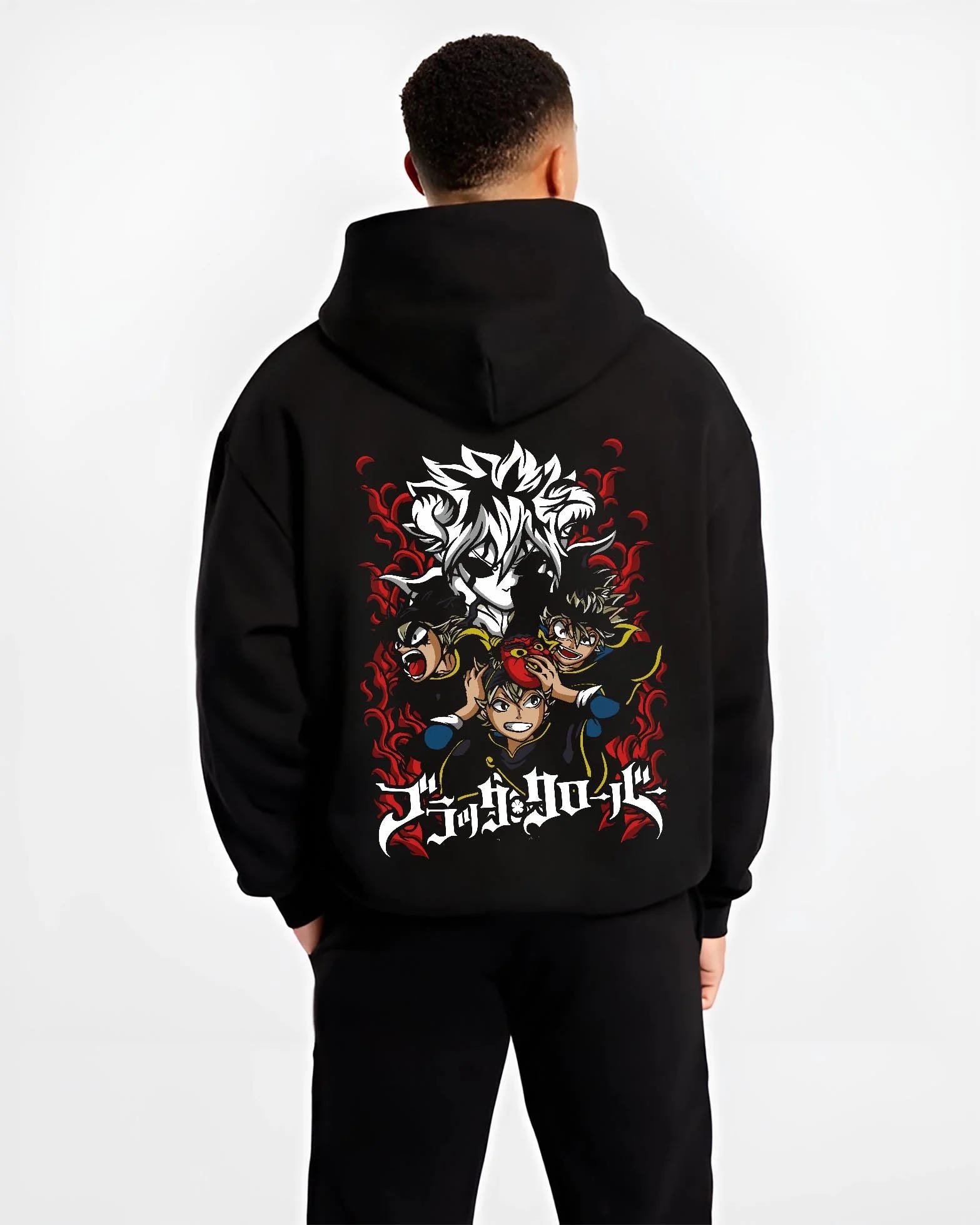 Black hoodie worn by male model, back view with Asta Hoodie Black Clover Trio Retro Anime Poster graphic streetwear graphic.
