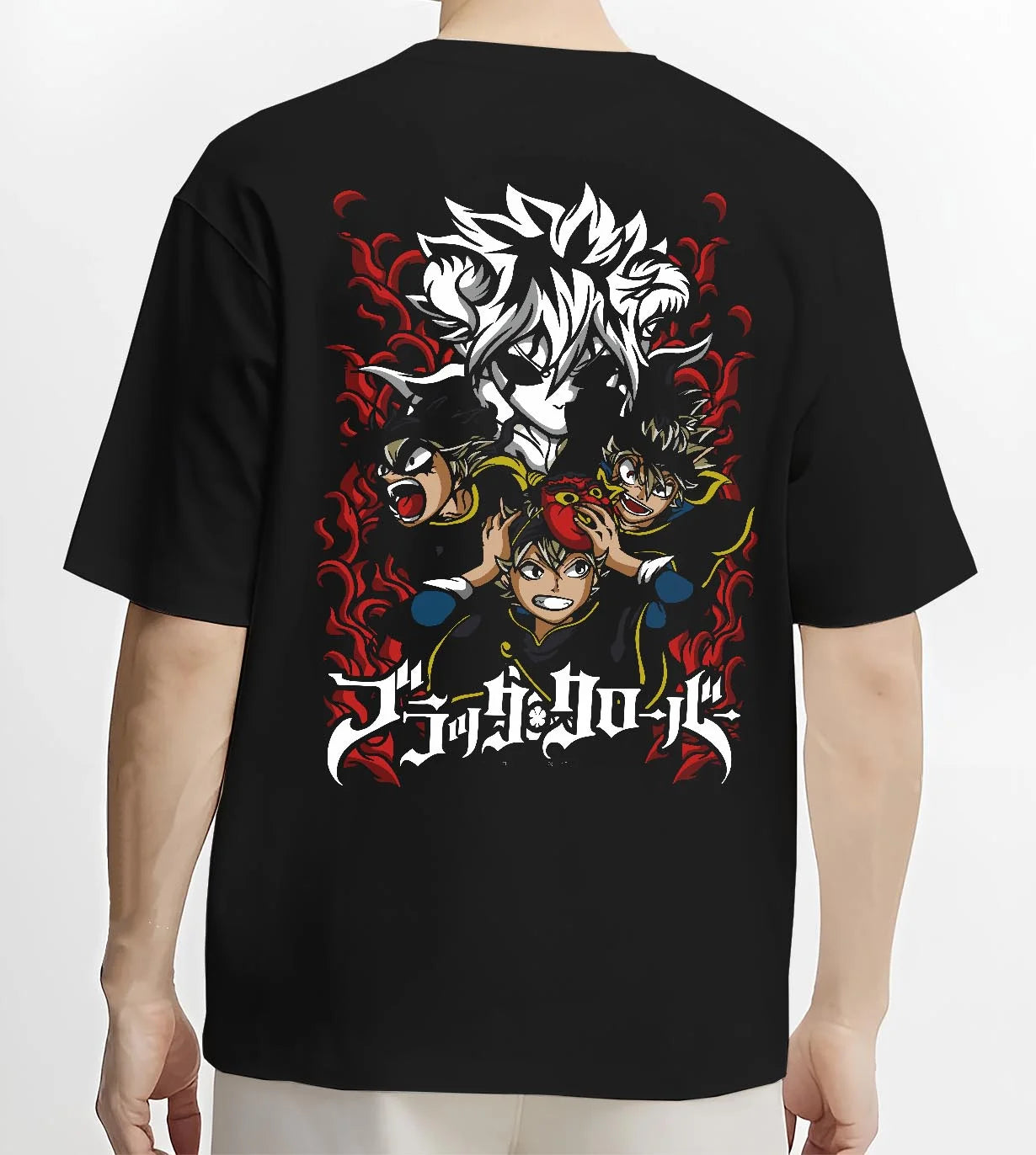 Black T-shirt worn by male model, back view with Asta Hoodie Black Clover Trio Retro Anime Poster graphic premium wear.
