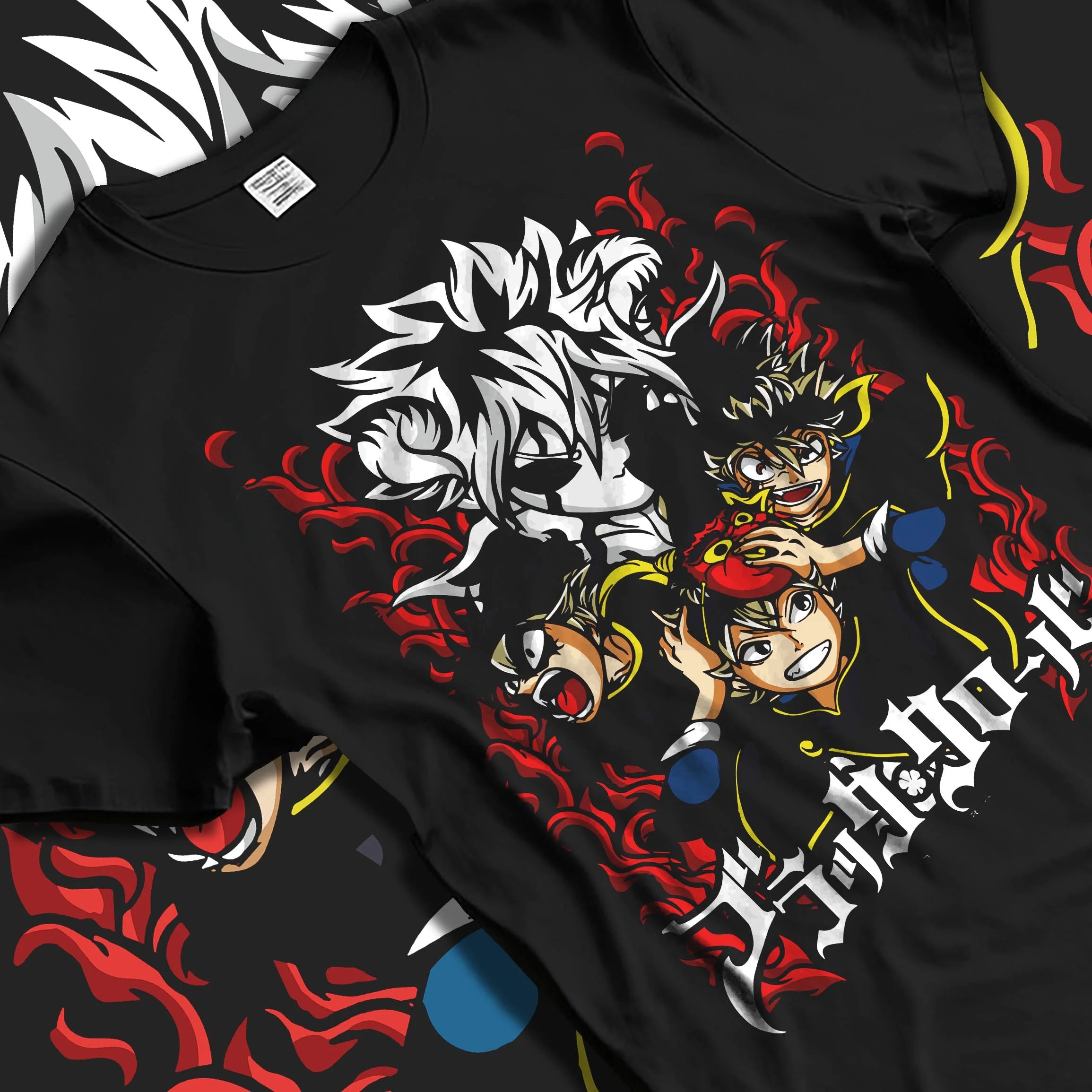 Black T-shirt laid flat with natural folds with Asta Hoodie Black Clover Trio Retro Anime Poster graphic Asta themed artwork.