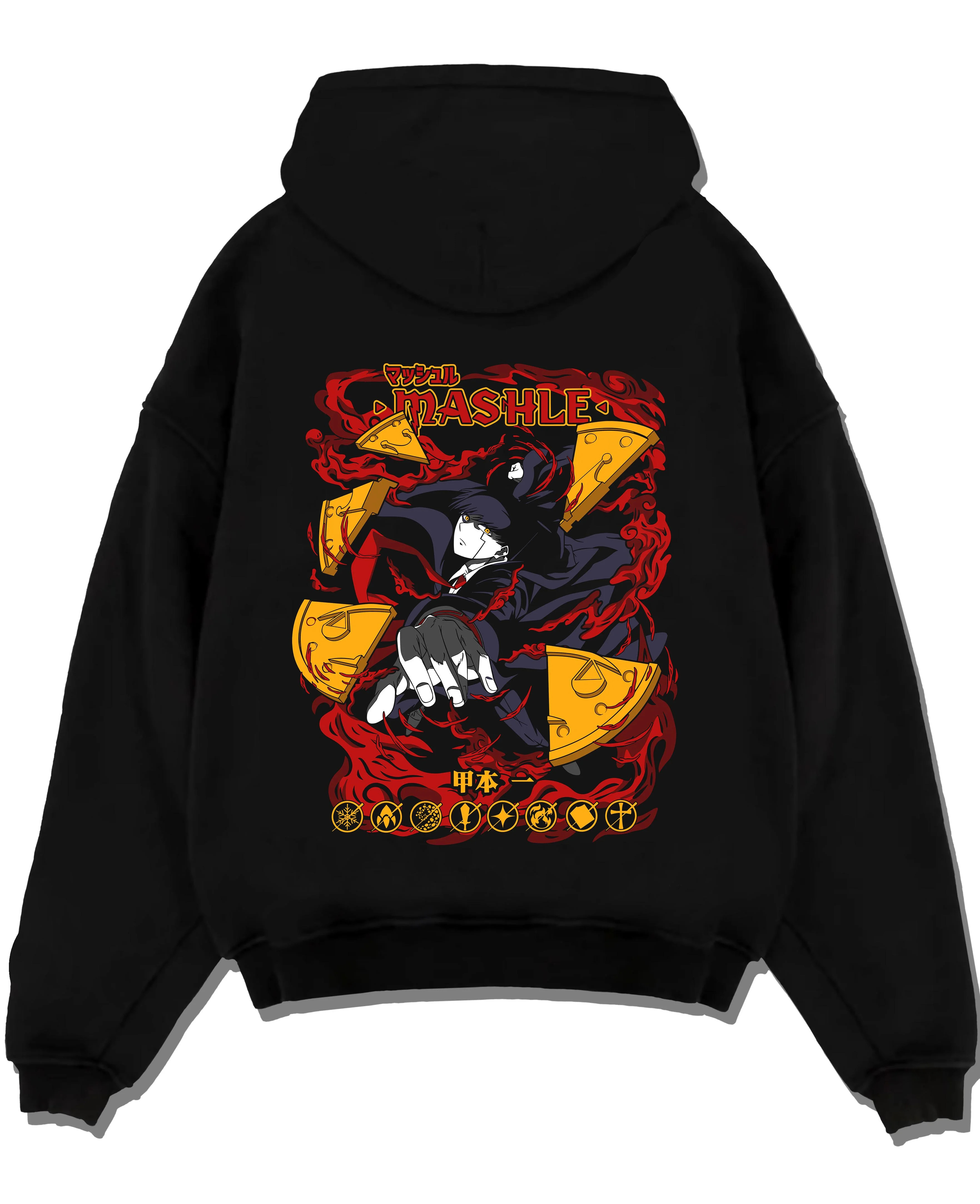 Black pullover hoodie laid flat with Mashle Hoodie Mash Burnedead Power Magic Jumper graphic streetwear graphic.
