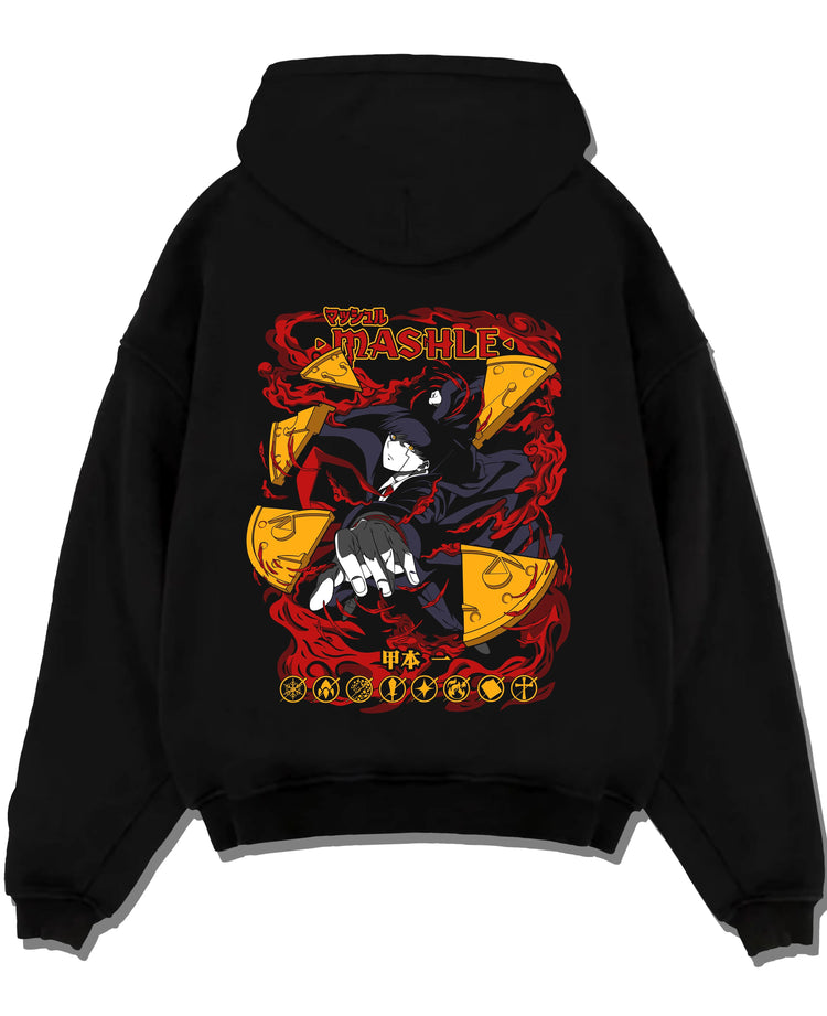 Black pullover hoodie laid flat with Mashle Hoodie Mash Burnedead Power Magic Jumper graphic streetwear graphic.