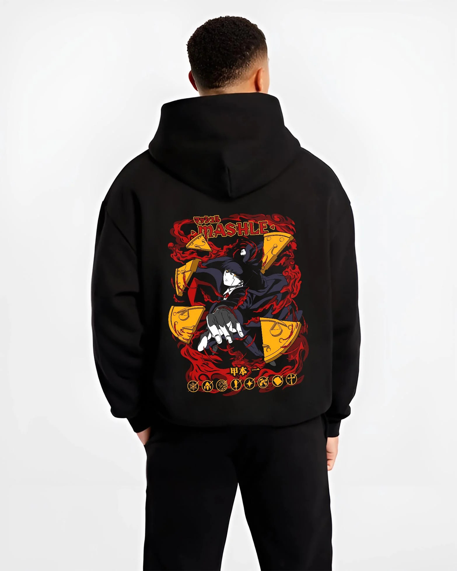 Black hoodie worn by male model, back view with Mashle Hoodie Mash Burnedead Power Magic Jumper graphic premium wear.