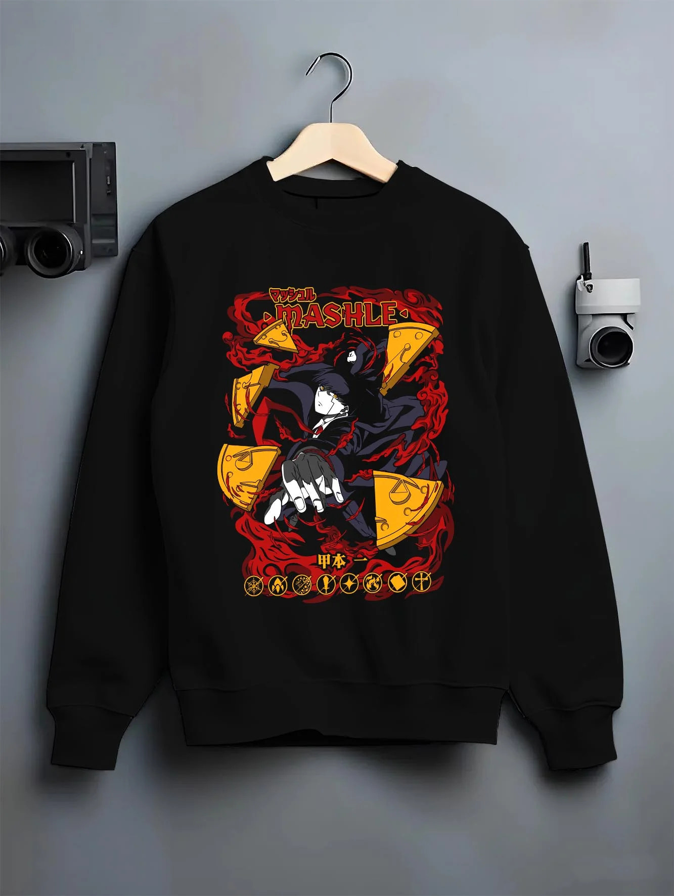 Black crewneck sweatshirt on hanger with Mashle Hoodie Mash Burnedead Power Magic Jumper graphic premium wear.