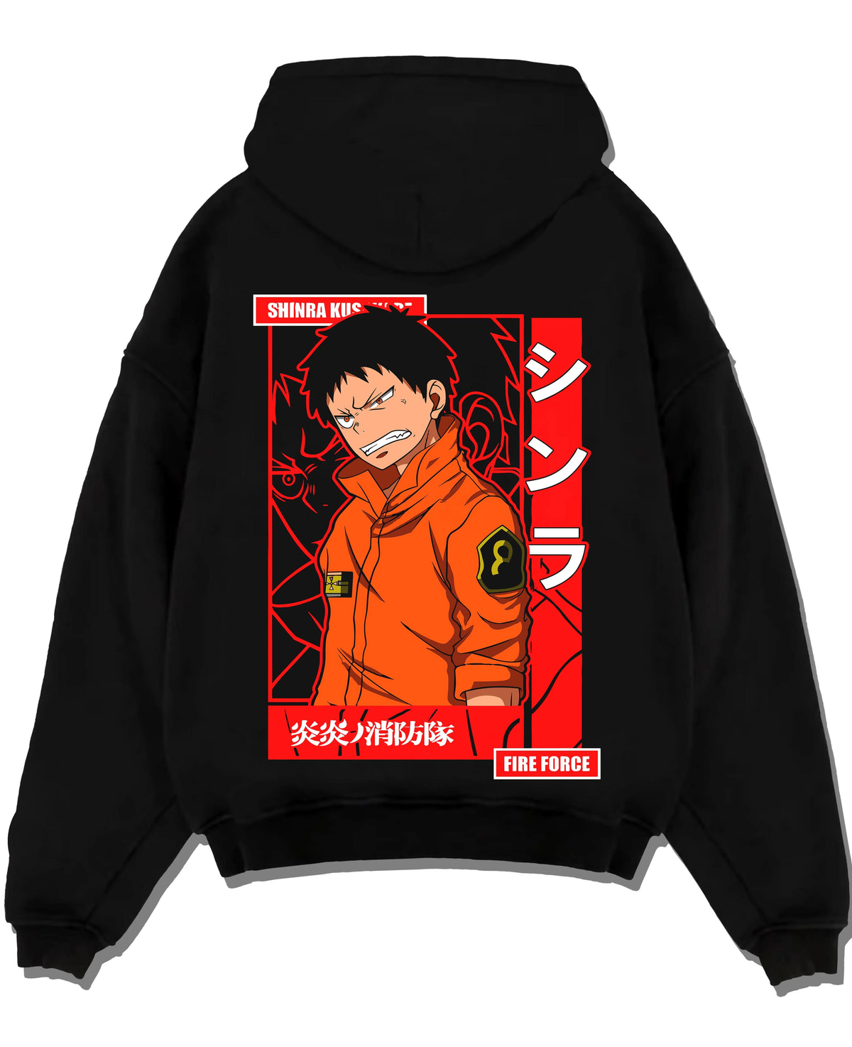 Black hoodie laid flat featuring Shinra Kusakabe Fire Force hero artwork.