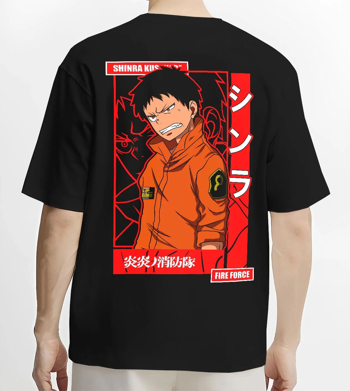 Black T-shirt worn by male model from the back featuring Shinra Kusakabe Fire Force hero artwork.