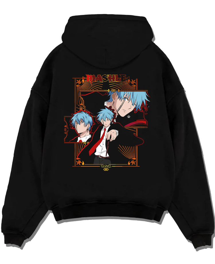 Black pullover hoodie laid flat, featuring Lance Crown Mashle anime poster inspired retro manga graphic with magical battle design.