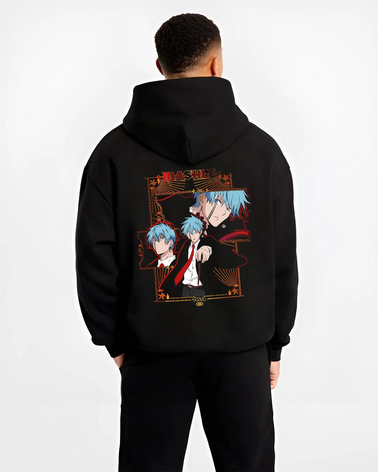 Black hoodie worn by male model, back view, showcasing Lance Crown Mashle Japanese animation streetwear artwork with bold magic pose.