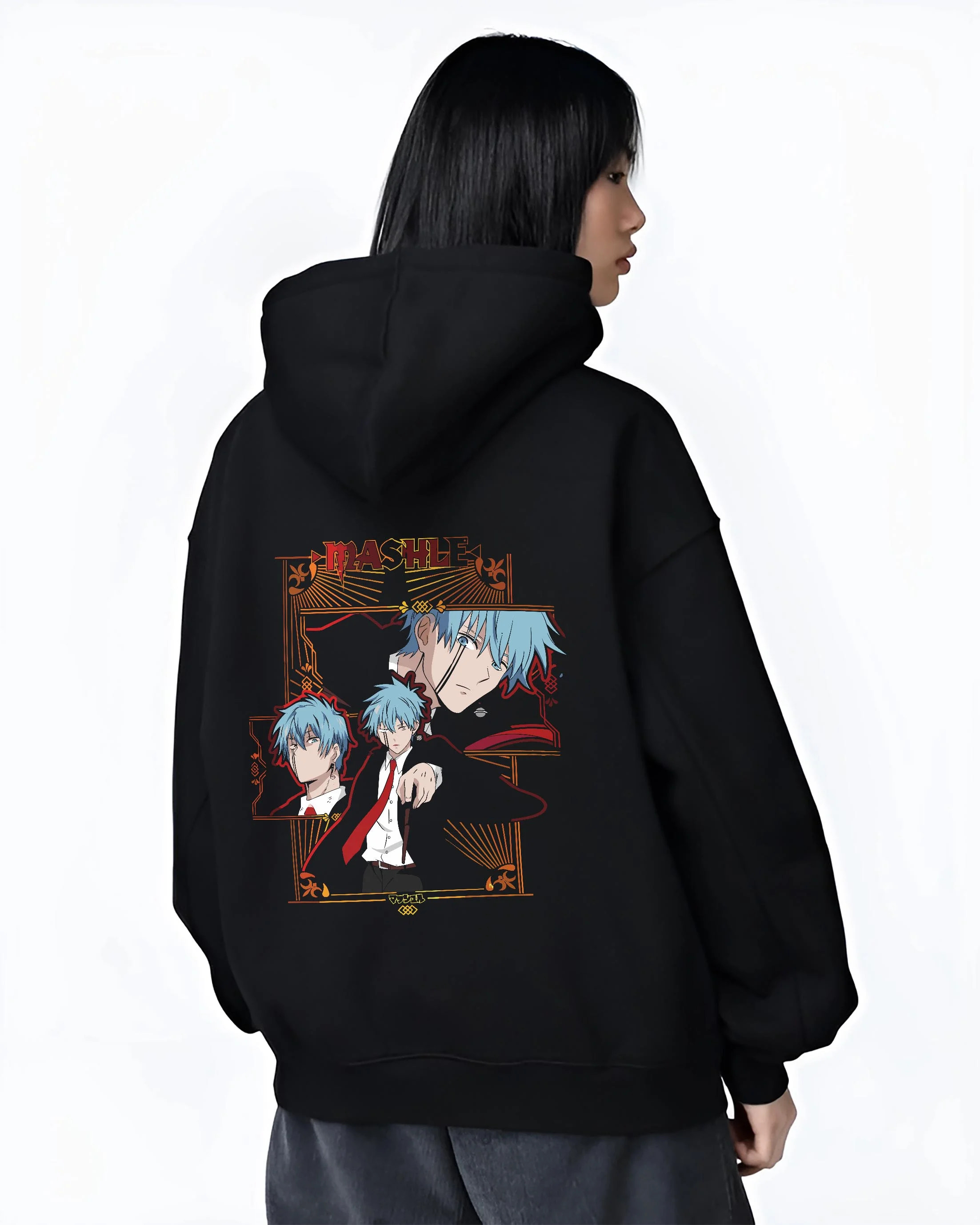 Black hoodie worn by female model, back view, featuring Mashle Lance Crown anime clothing design inspired by shonen battle character artwork.