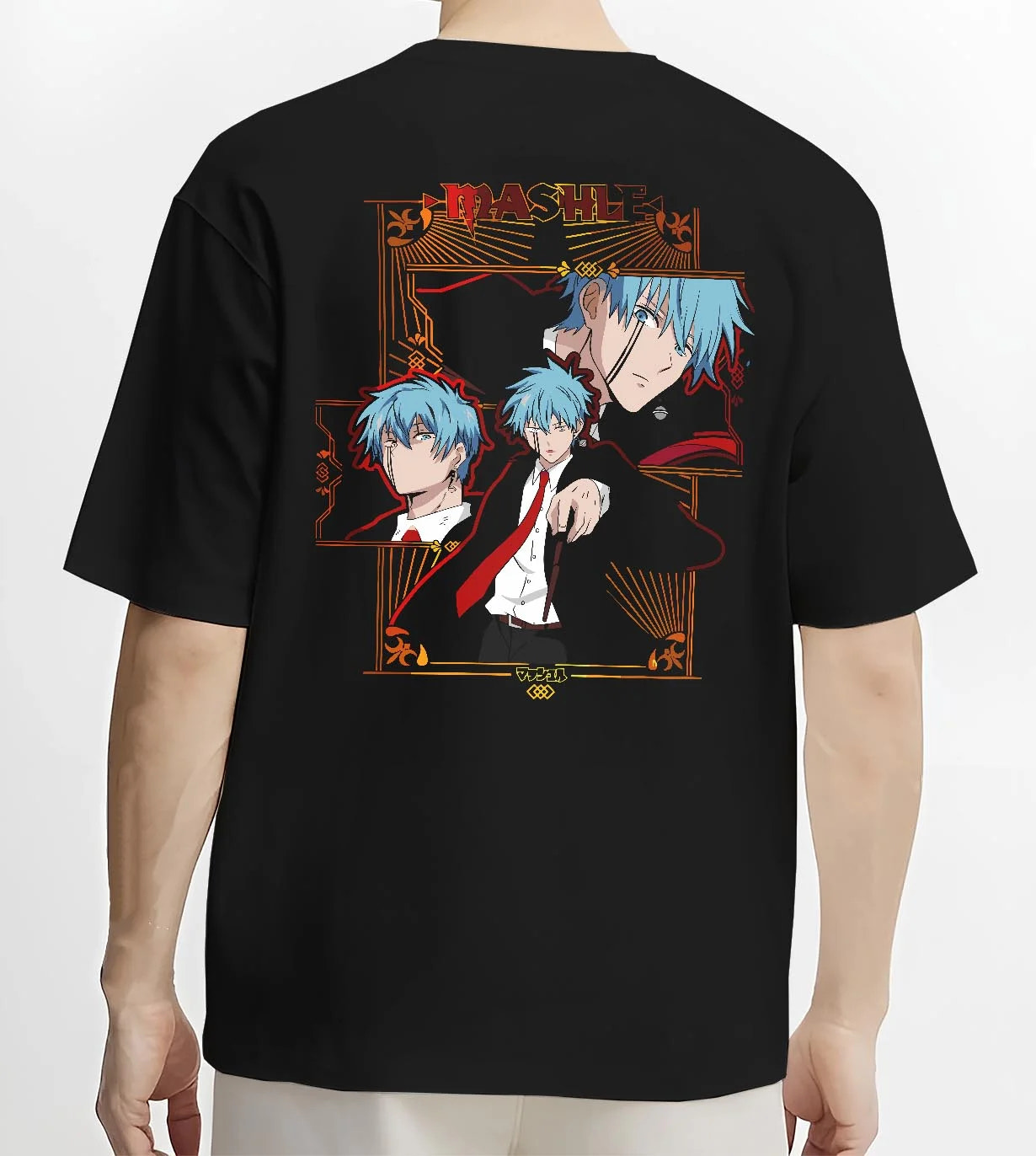 Black T-shirt worn by male model, back view, highlighting Lance Crown Mashle retro streetwear graphic in unique anime apparel style.