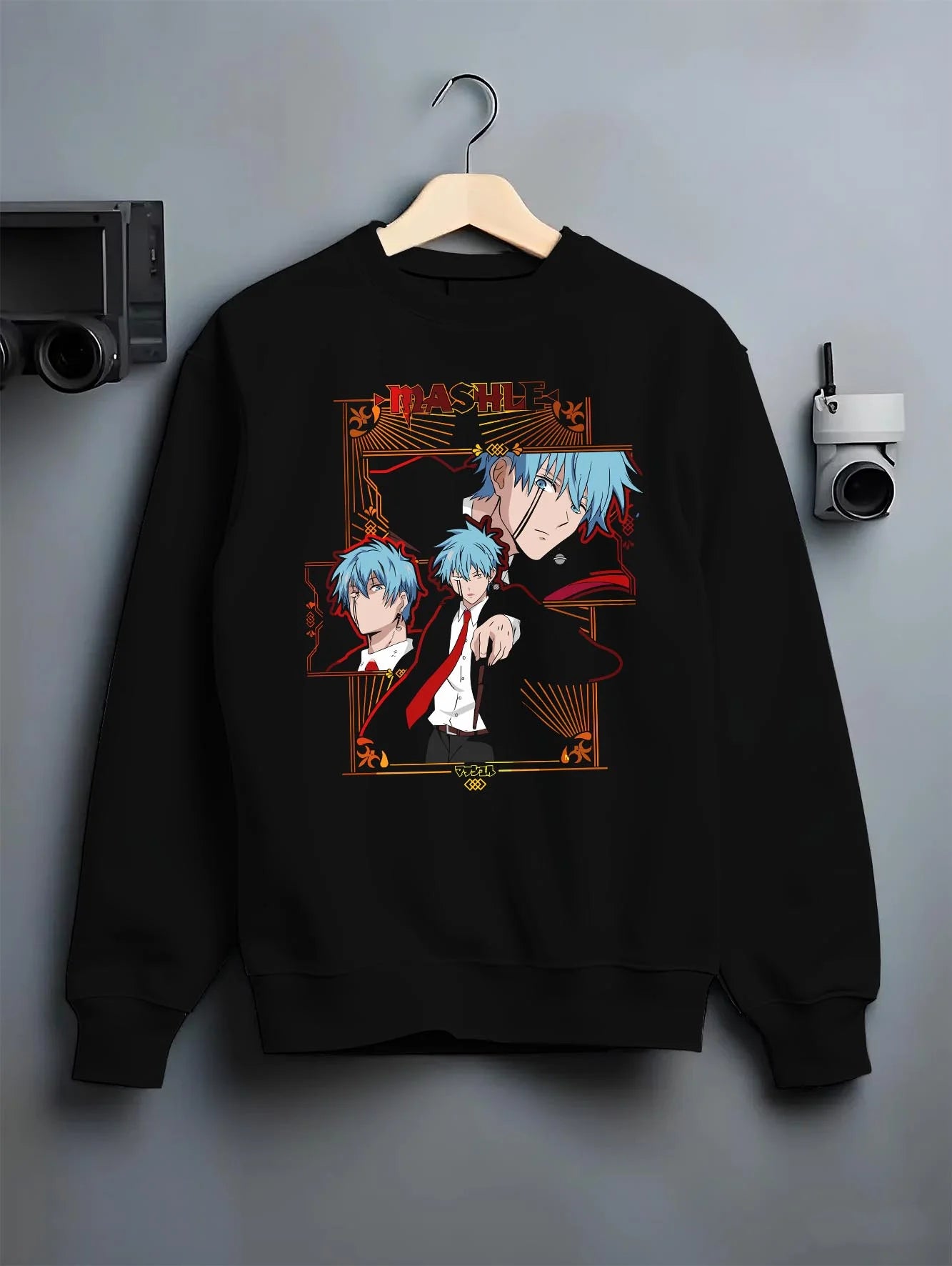 Black crewneck sweatshirt on hanger, showcasing Lance Crown Mashle nostalgic 90s inspired anime streetwear design.