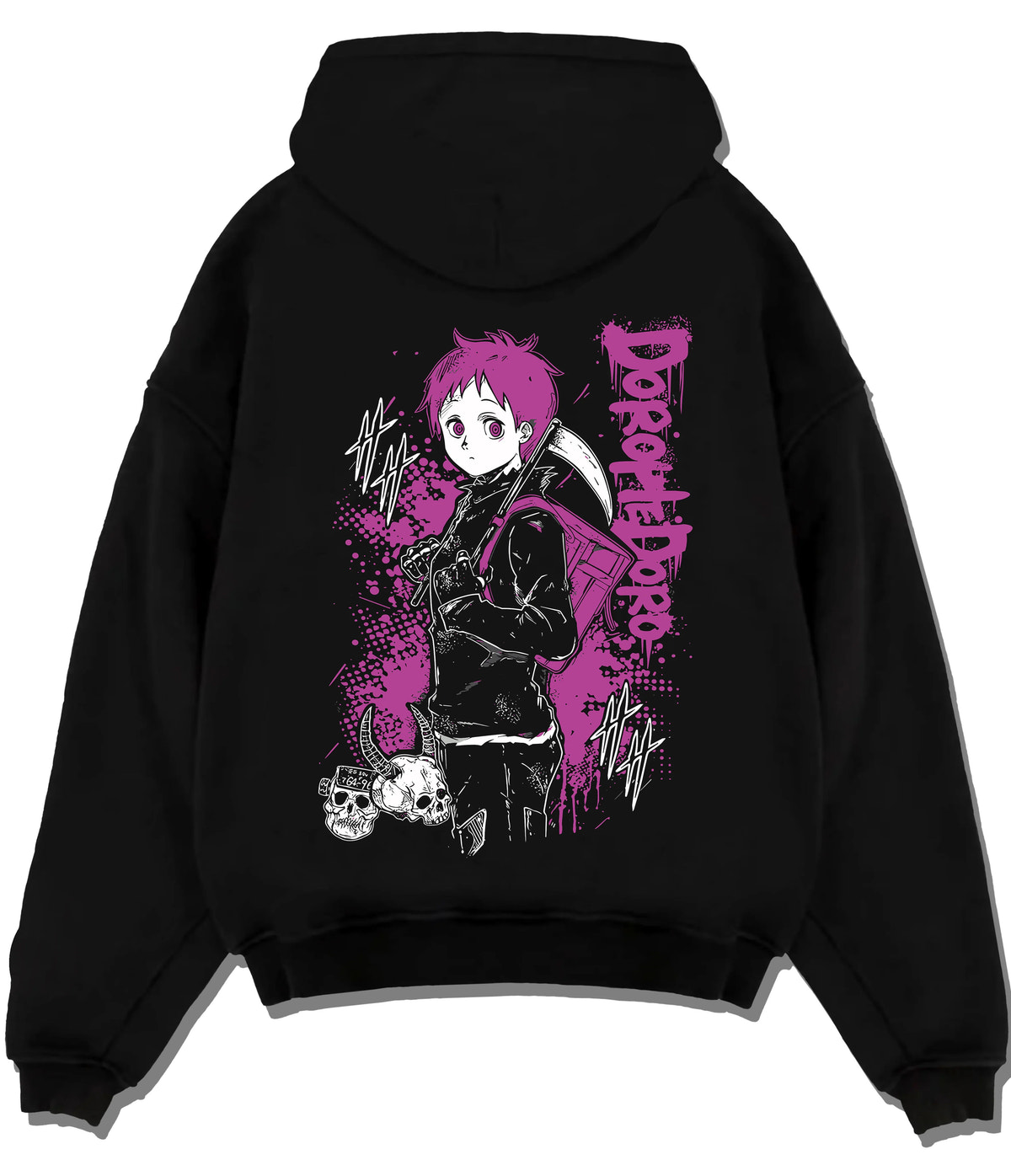Black hoodie flat back view showing Ebisu from Dorohedoro: pink-and-black Dorohedoro poster