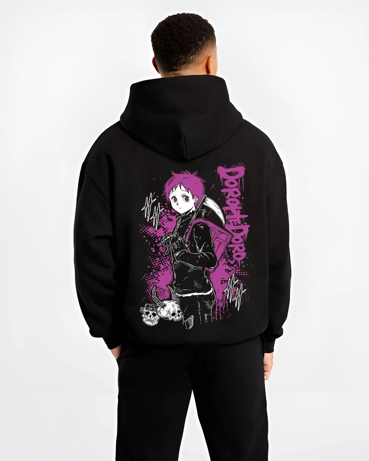 Black hoodie model back view showing Ebisu from Dorohedoro: pink-and-black Dorohedoro poster