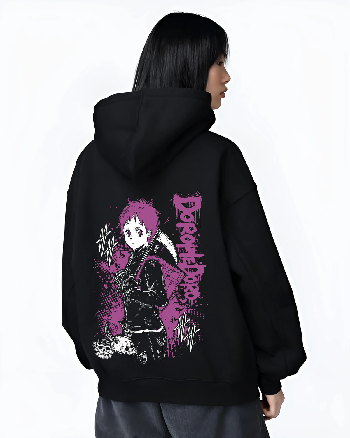 Black hoodie female model back view showing Ebisu from Dorohedoro: pink-and-black Dorohedoro poster