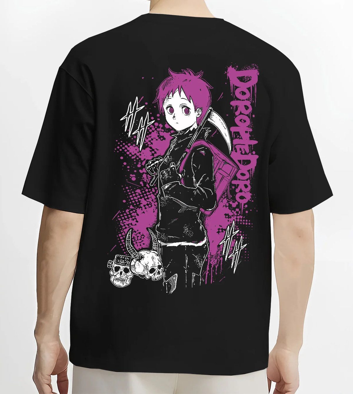 Black T-shirt model back view showing Ebisu from Dorohedoro: pink-and-black Dorohedoro poster