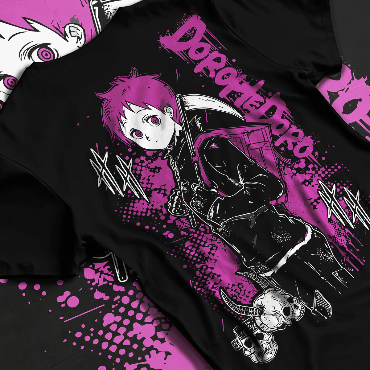 Black T-shirt flat back view showing Ebisu from Dorohedoro: pink-and-black Dorohedoro poster