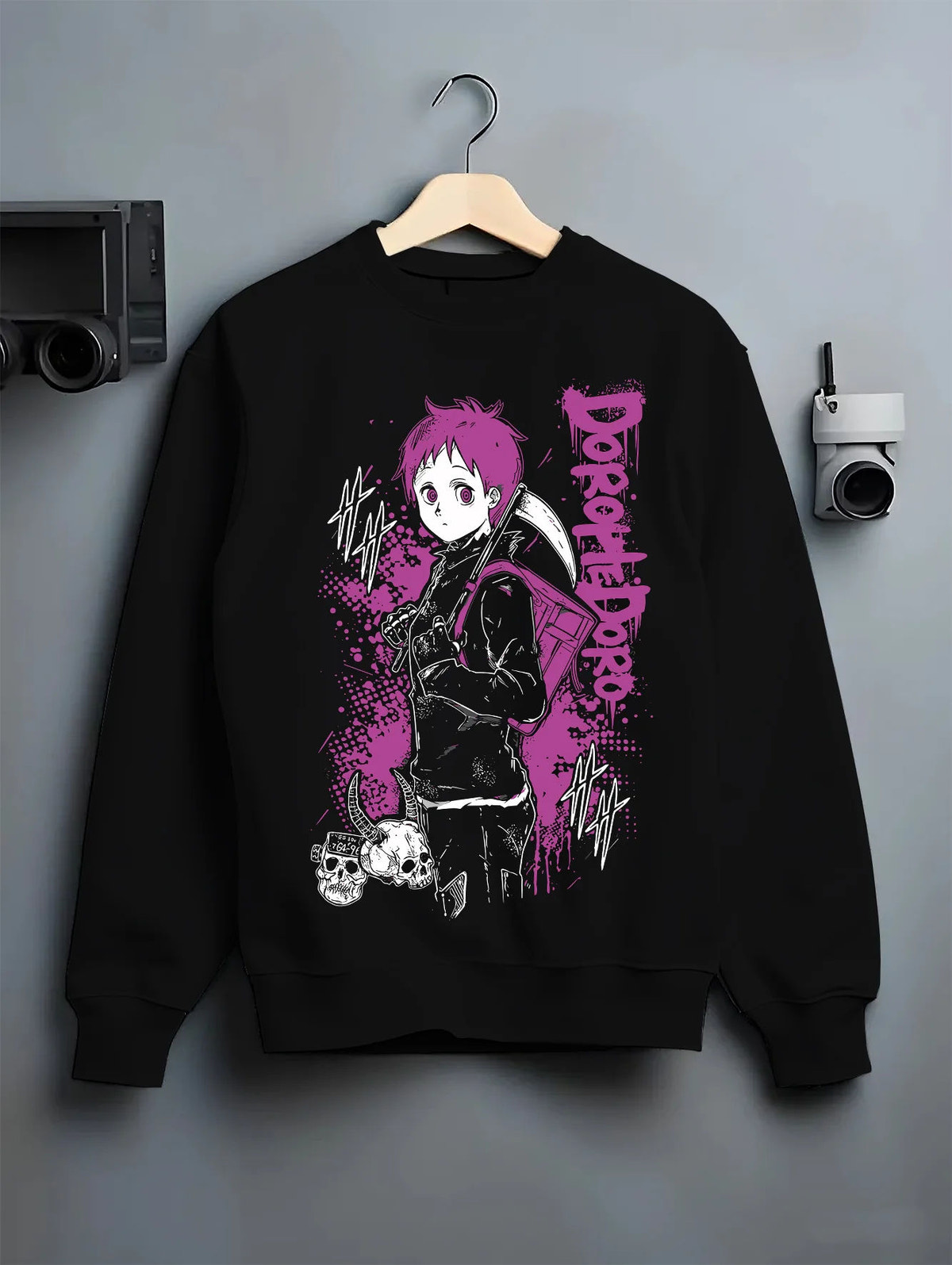 Black crewneck sweatshirt on hanger showing Ebisu from Dorohedoro: pink-and-black Dorohedoro poster