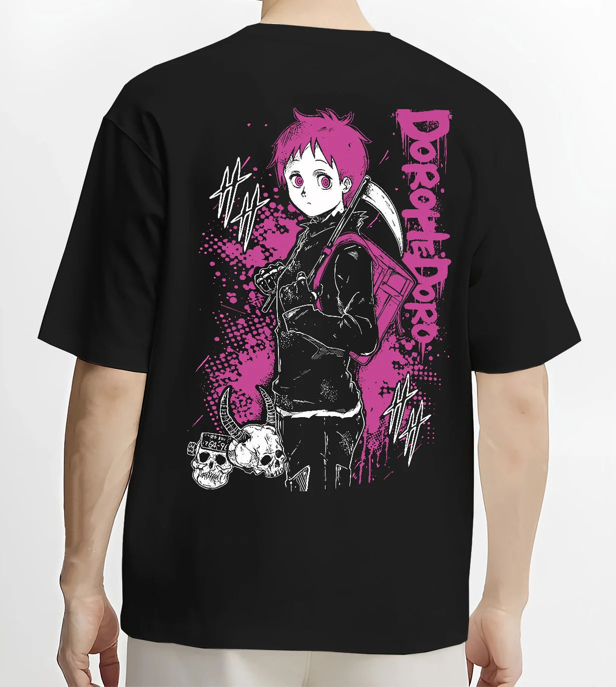 Black T-shirt model back view showing Ebisu from Dorohedoro: dark pink portrait