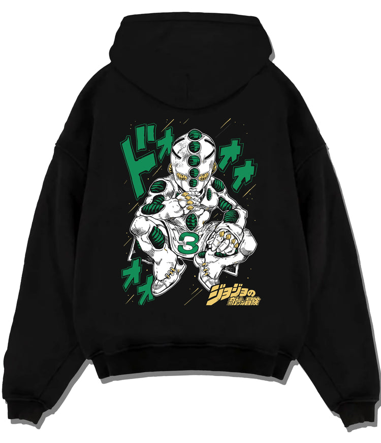 Black hoodie flat back view showing Echoes Act 3 from JoJo’s Bizarre Adventure: JoJo Stand, green-tinted robotic form