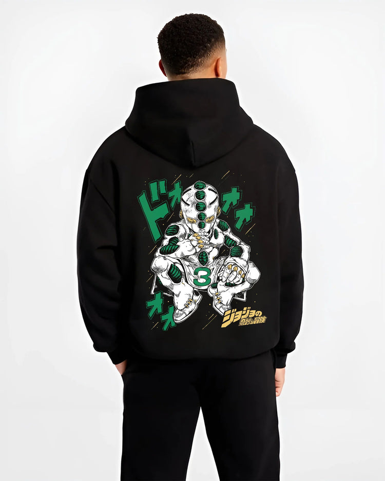 Black hoodie model back view showing Echoes Act 3 from JoJo’s Bizarre Adventure: JoJo Stand, green-tinted robotic form