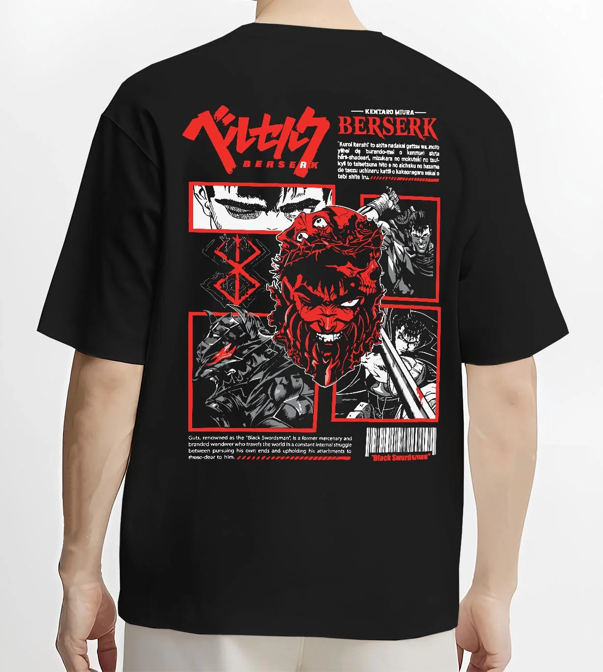Black T-shirt worn by male model, back view with Berserk Guts Skull Hoodie Dark Fantasy Retro Anime graphic premium wear.