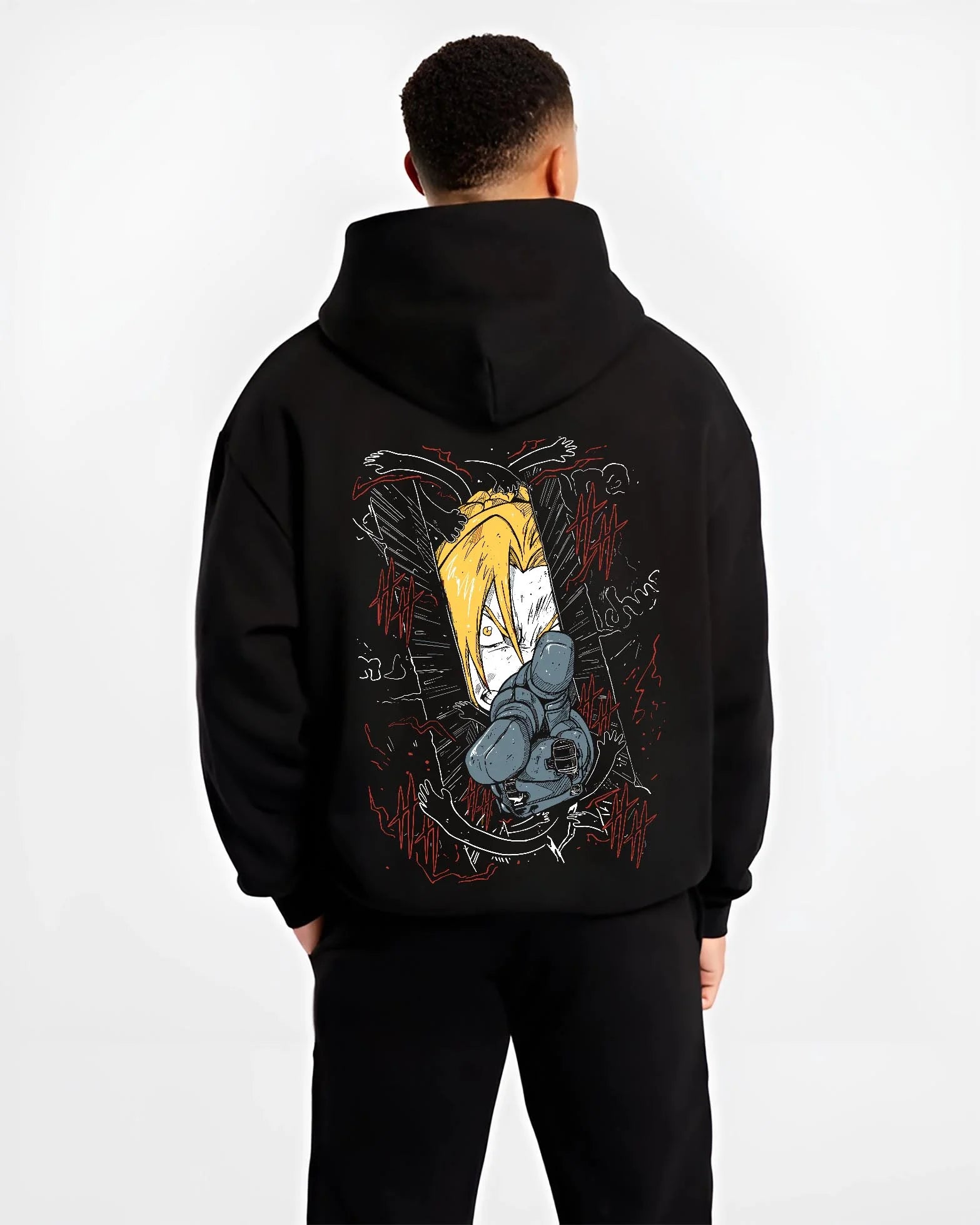 Black hoodie worn by male model, back view with Edward Elric Hoodie Fullmetal Alchemist Magic Circle graphic streetwear graphic.