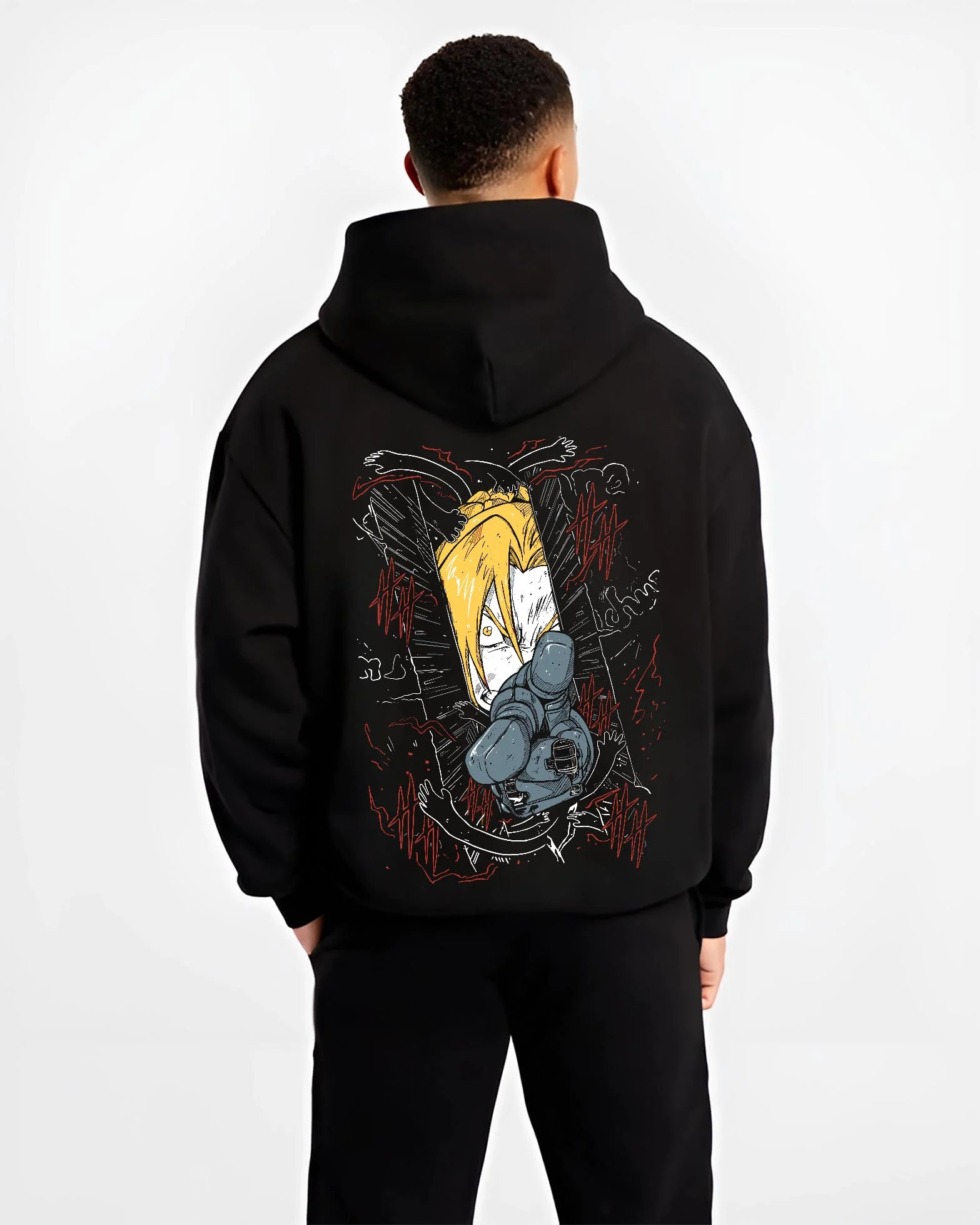 Black hoodie worn by male model, back view with Edward Elric Hoodie Fullmetal Alchemist Magic Circle graphic streetwear graphic.