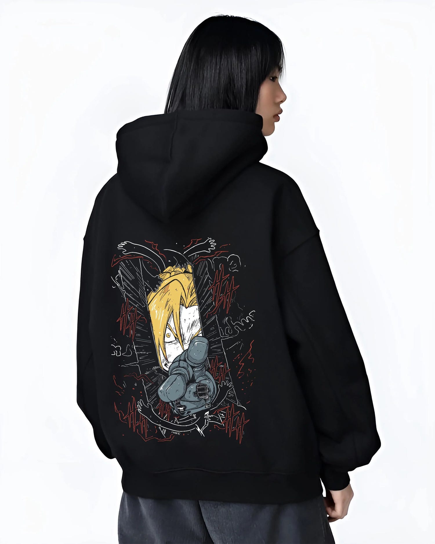 Black hoodie worn by female model, back view with Edward Elric Hoodie Fullmetal Alchemist Magic Circle graphic premium wear.