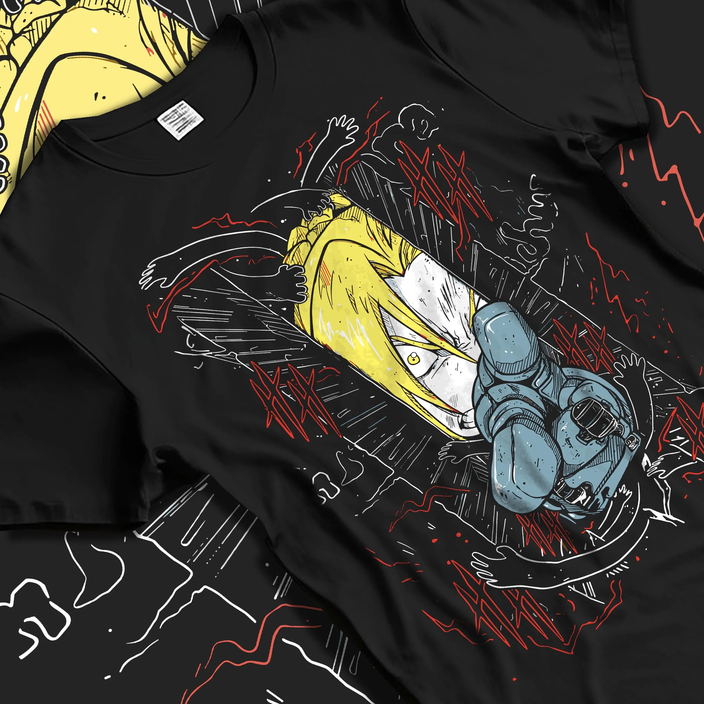 Black T-shirt laid flat with natural folds with Edward Elric Hoodie Fullmetal Alchemist Magic Circle graphic streetwear graphic.