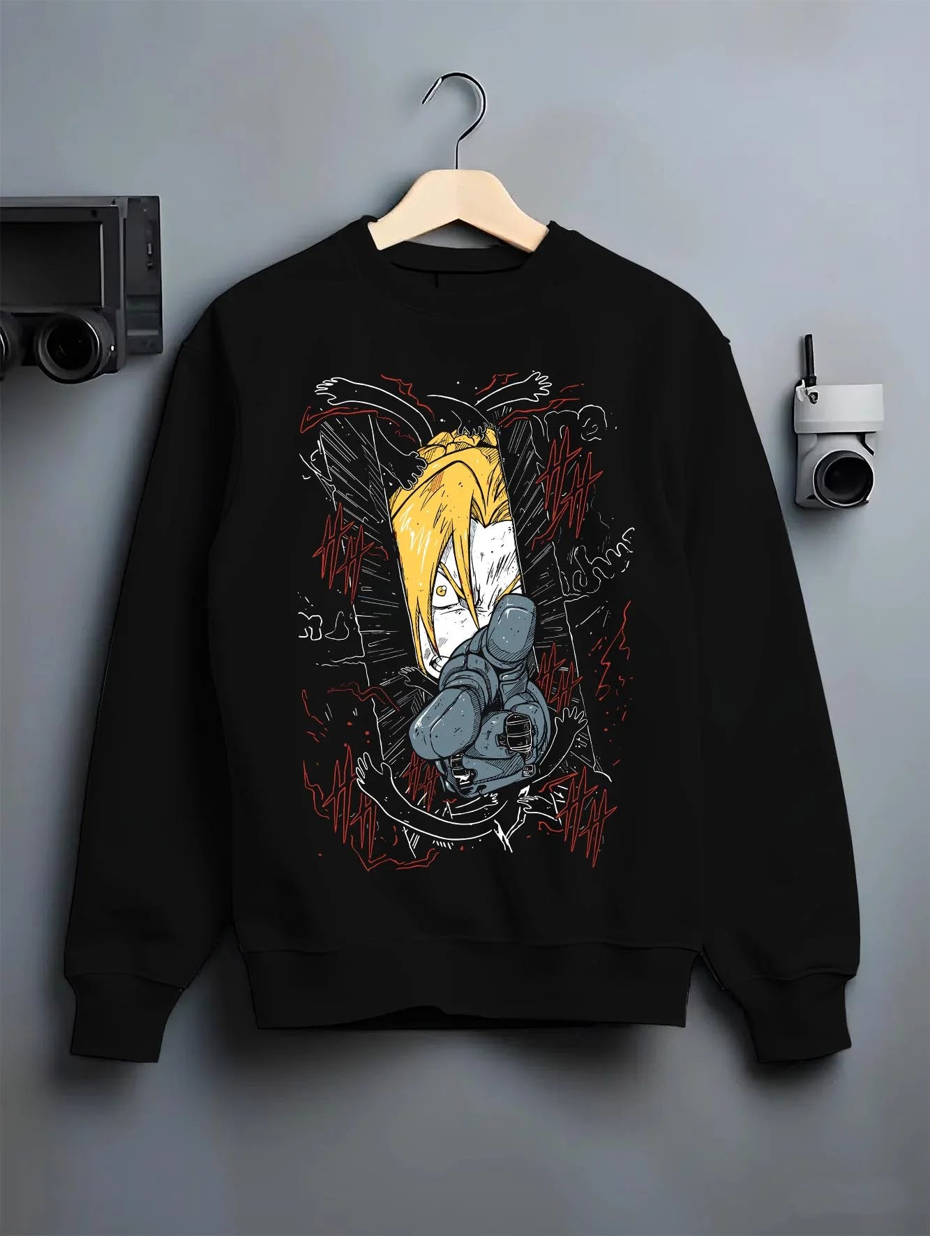 Black crewneck sweatshirt on hanger with Edward Elric Hoodie Fullmetal Alchemist Magic Circle graphic premium wear.