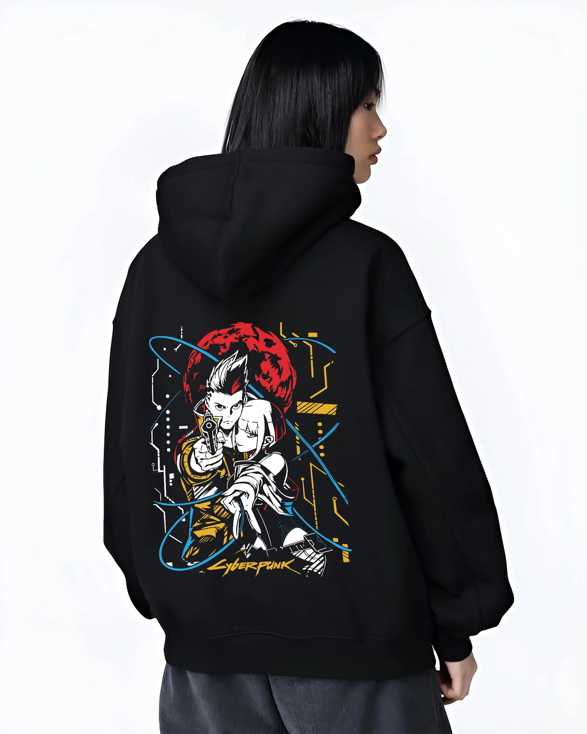 Black hoodie female model back view showing Cyberpunk: Edgerunners main protagonists: individual characters
