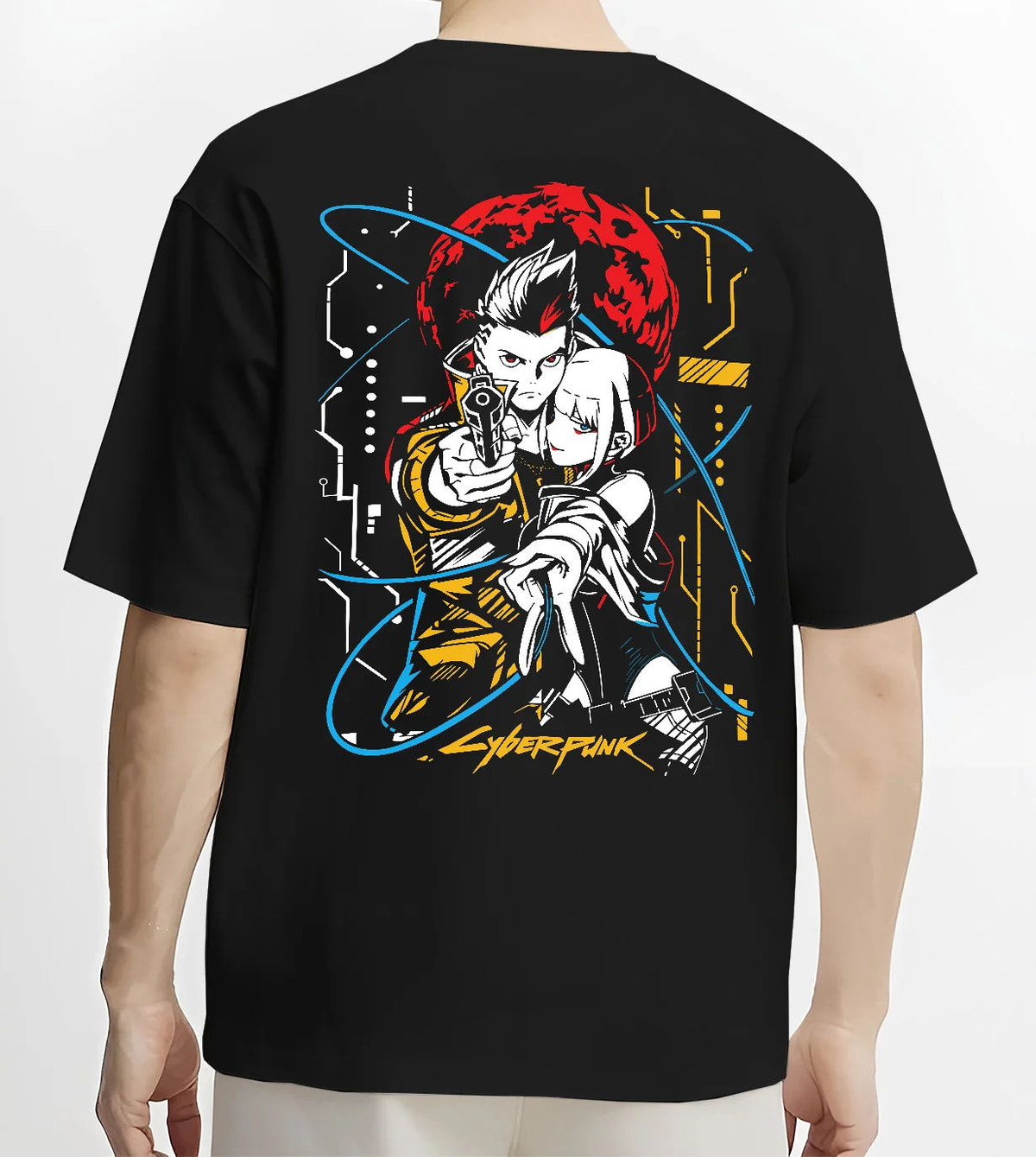Black T-shirt model back view showing Cyberpunk: Edgerunners main protagonists: individual characters