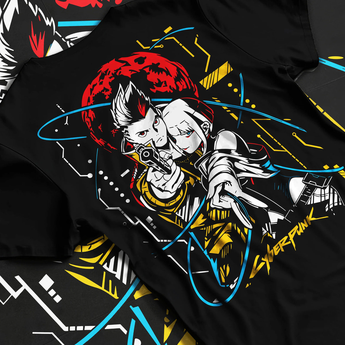 Black T-shirt flat back view showing Cyberpunk: Edgerunners main protagonists: individual characters