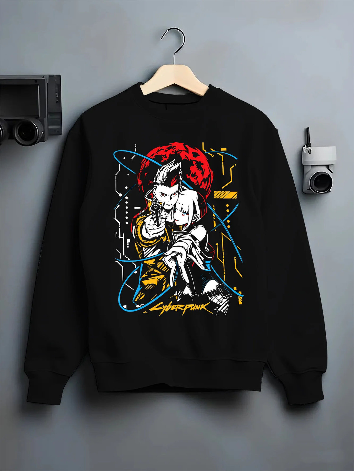 Black crewneck sweatshirt on hanger showing Cyberpunk: Edgerunners main protagonists: individual characters