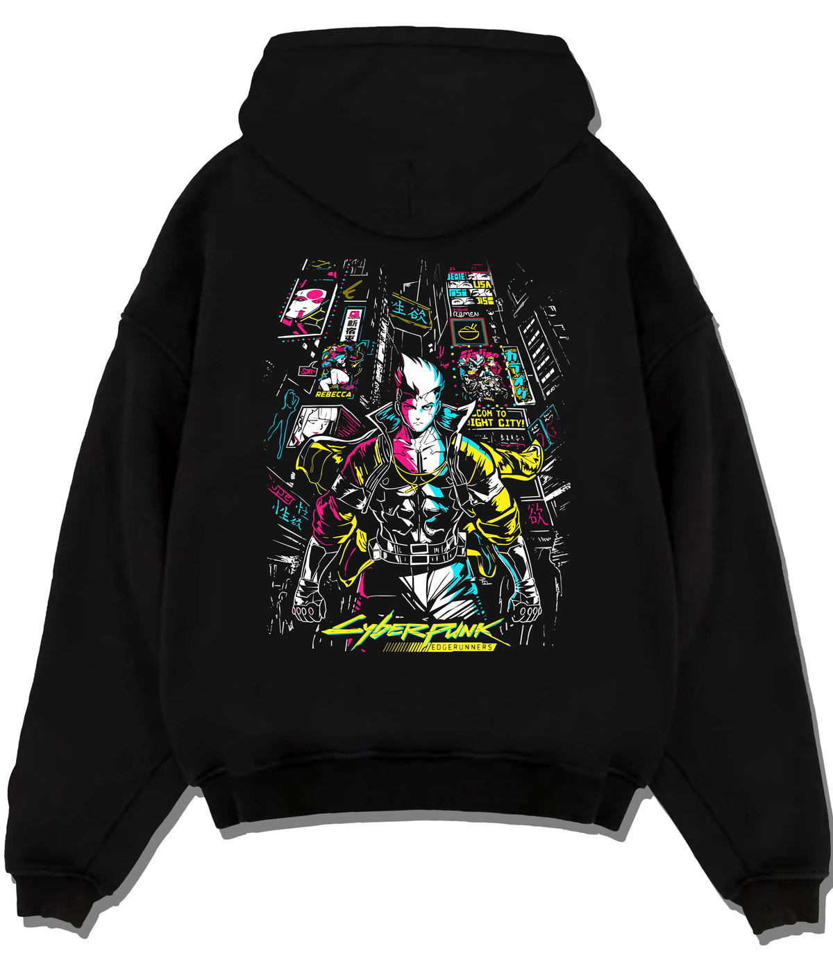 Black hoodie flat back view showing Cyberpunk from Cyberpunk: Edgerunners: neon city character composition