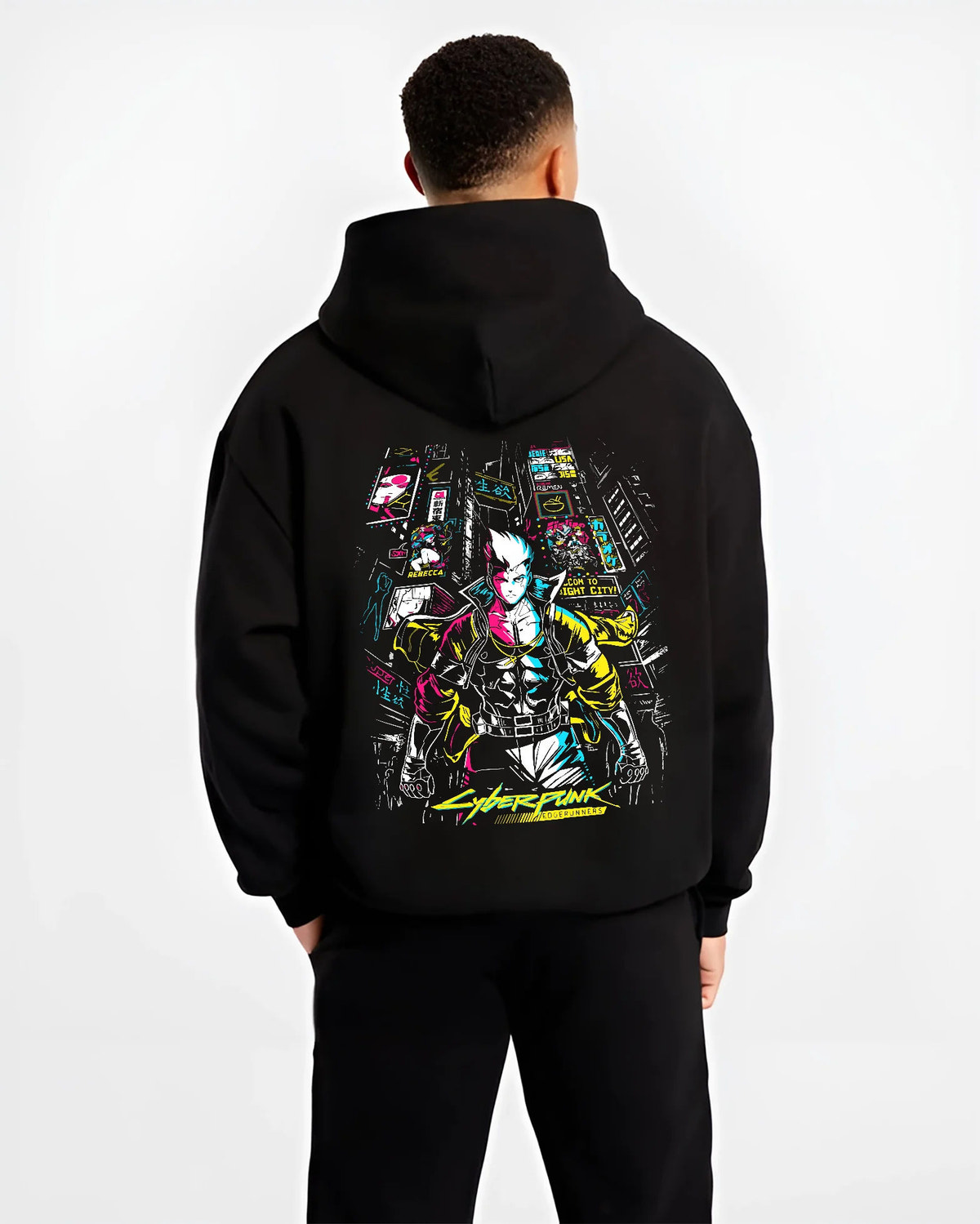Black hoodie model back view showing Cyberpunk from Cyberpunk: Edgerunners: neon city character composition