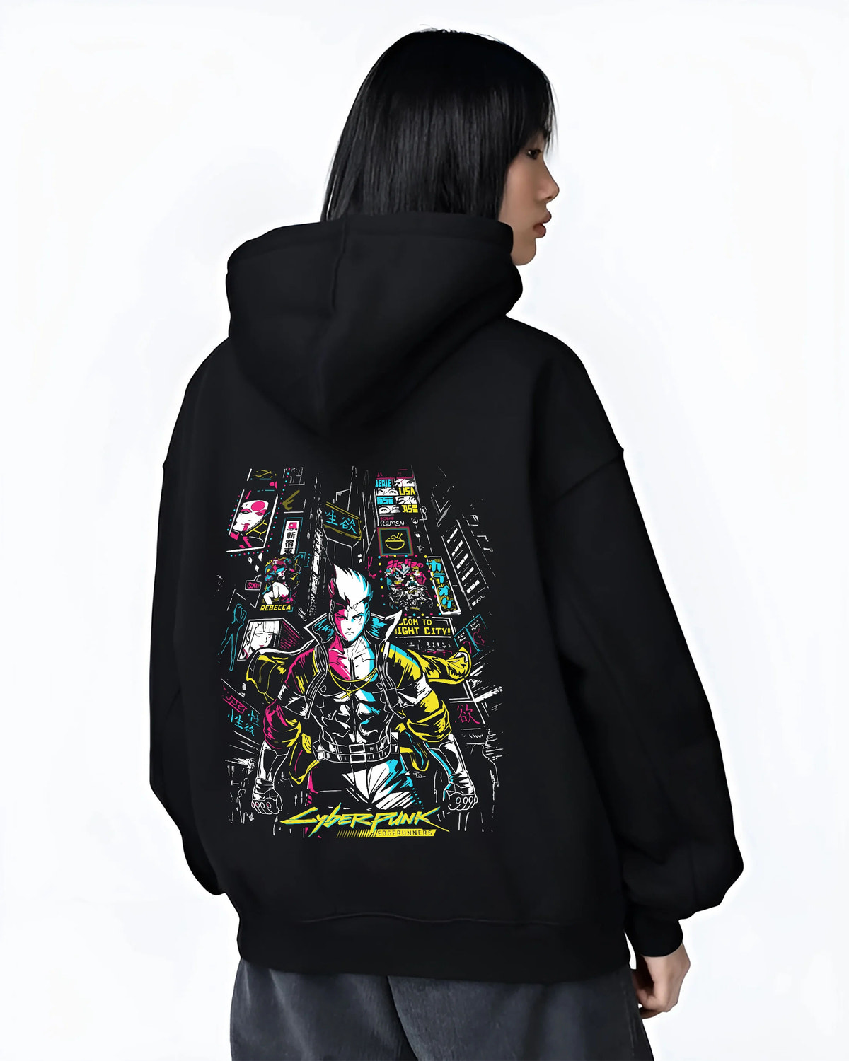 Black hoodie female model back view showing Cyberpunk from Cyberpunk: Edgerunners: neon city character composition