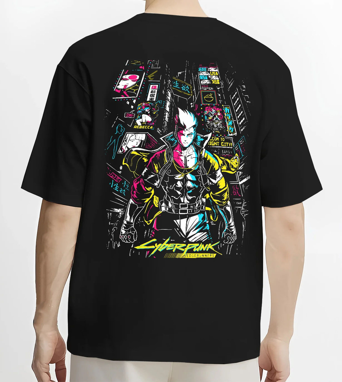 Black T-shirt model back view showing Cyberpunk from Cyberpunk: Edgerunners: neon city character composition