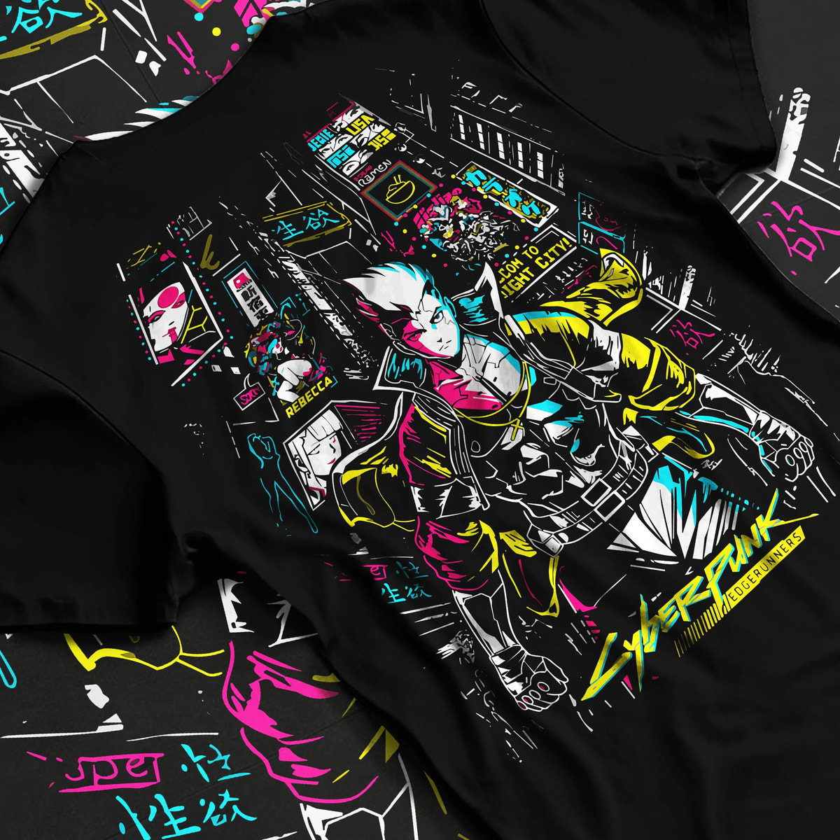 Black T-shirt flat back view showing Cyberpunk from Cyberpunk: Edgerunners: neon city character composition