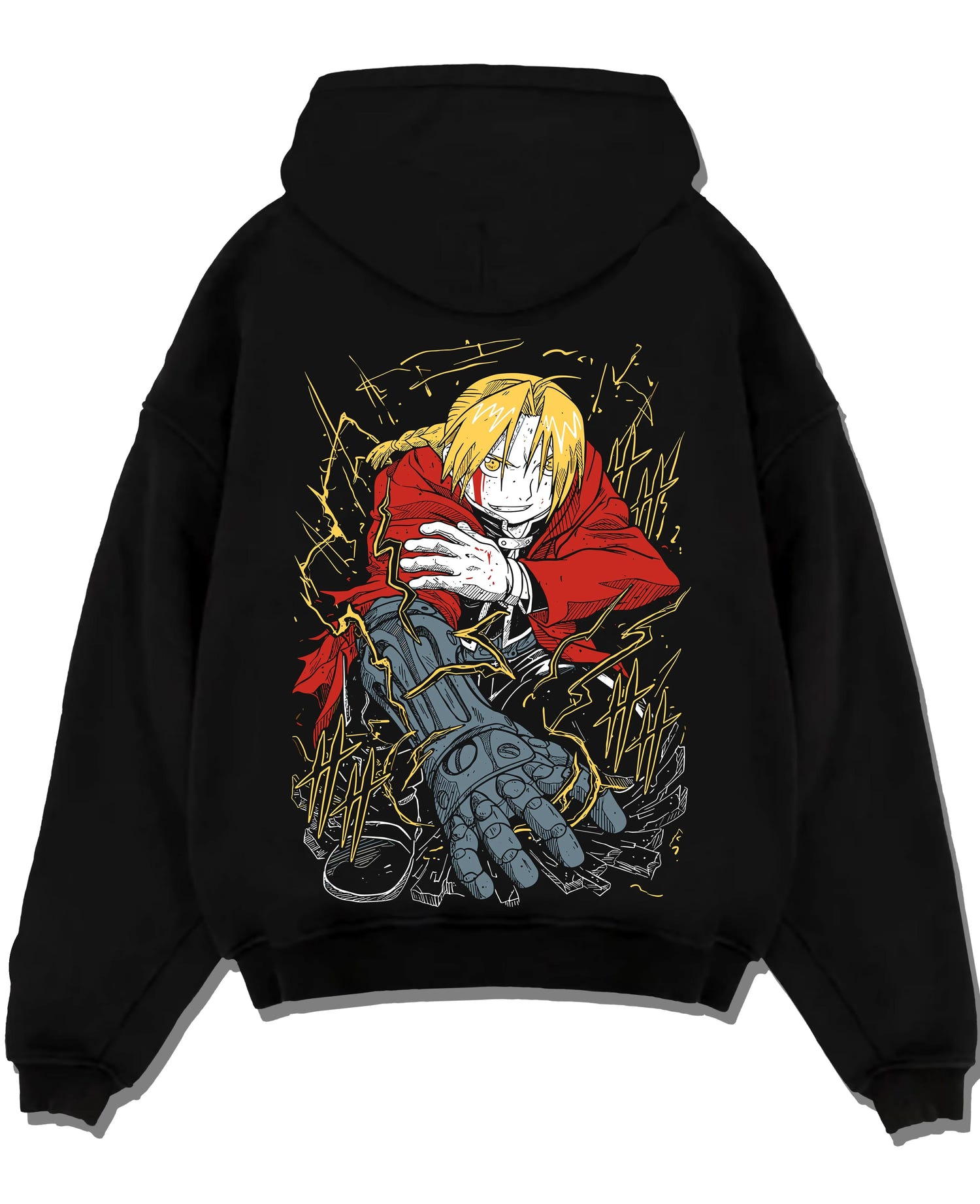 Black pullover hoodie laid flat with Edward Elric Hoodie Fullmetal Alchemist Red Gloves graphic bold anime graphic.