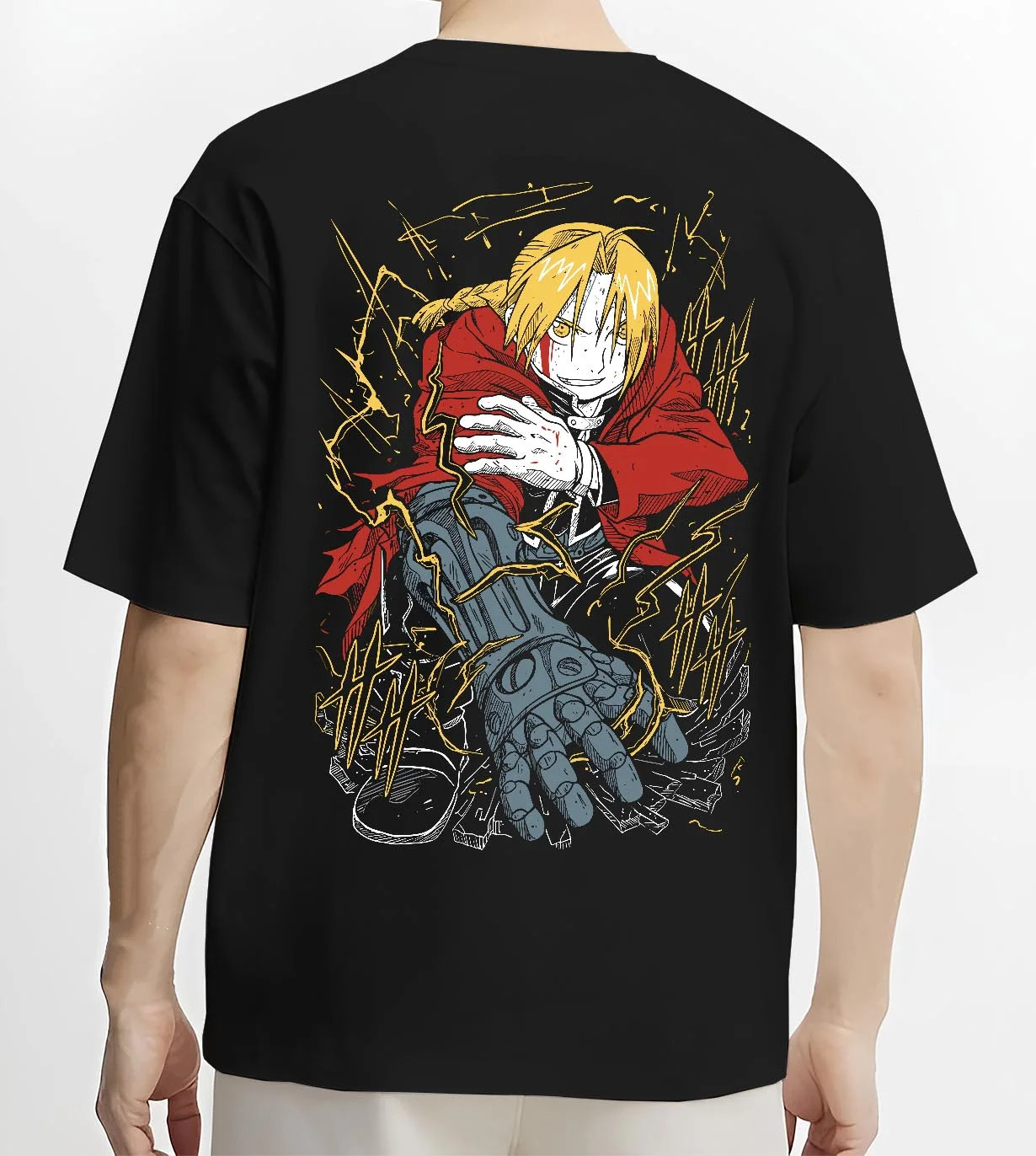 Black T-shirt worn by male model, back view with Edward Elric Hoodie Fullmetal Alchemist Red Gloves graphic streetwear graphic.