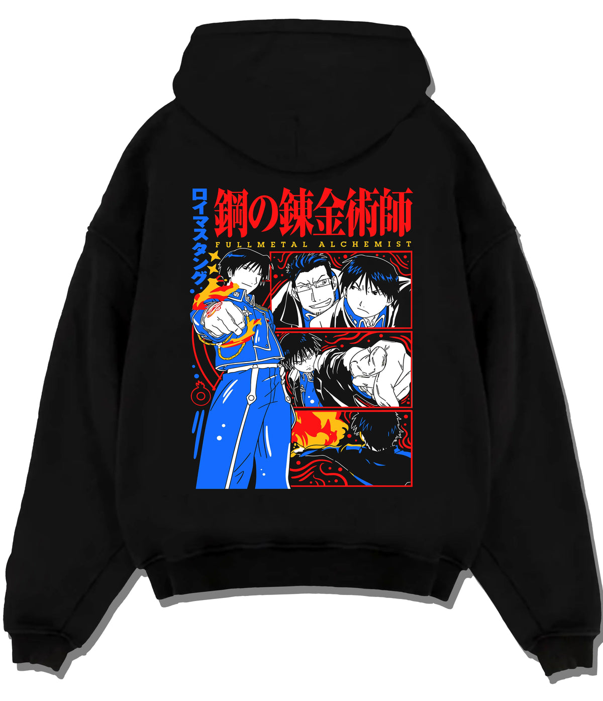 Black hoodie flat back view with Edward Elric / Fullmetal Alchemist ensemble illustrated back graphic