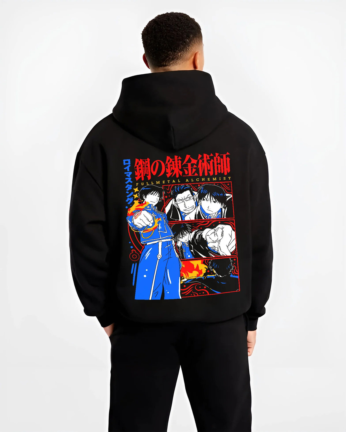 Black hoodie model back view with Edward Elric / Fullmetal Alchemist ensemble illustrated back graphic