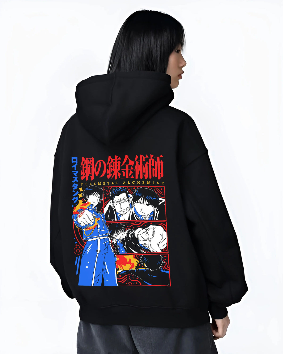 Black hoodie female model back view with Edward Elric / Fullmetal Alchemist ensemble illustrated back graphic
