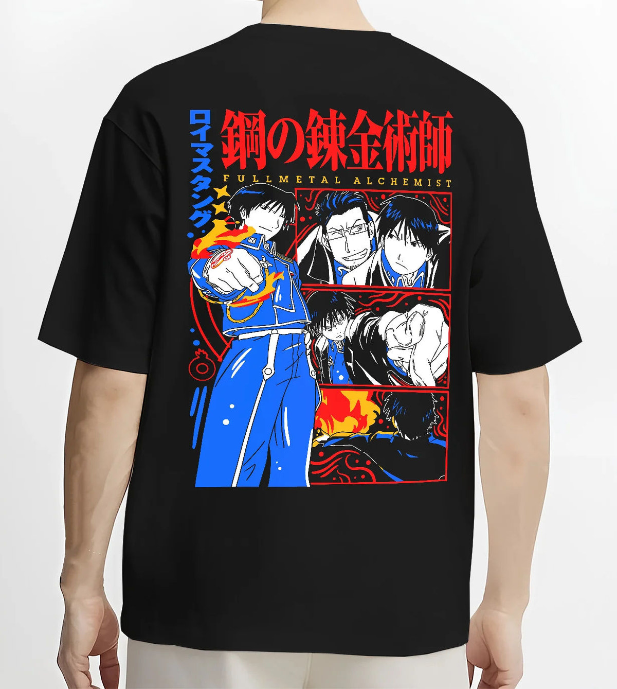 Black T-shirt model back view with Edward Elric / Fullmetal Alchemist ensemble illustrated back graphic